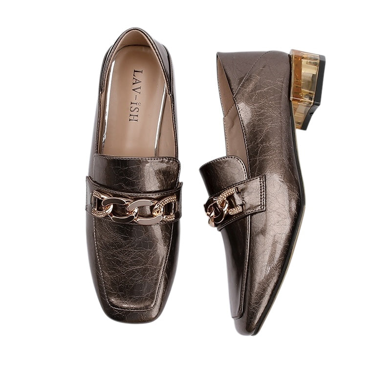 Metallic Chain Detail Loafers - Bronze