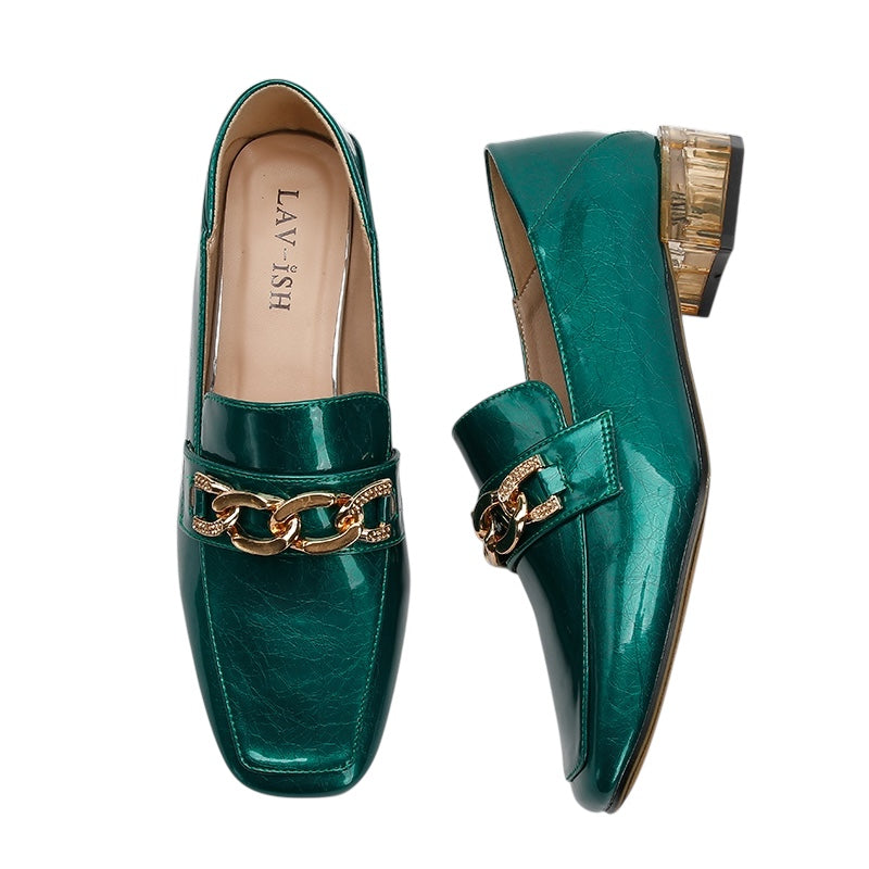 Metallic Chain Detail Loafers - Emerald
